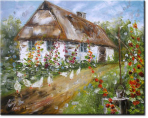 obraz olejny wiejska chata