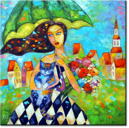 obraz kobieta z zieloną parasolką