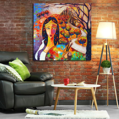 obraz ręcznie malowany z kobietą i zamkiem