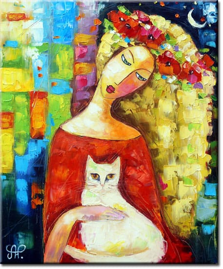obraz kobieta i biały kot