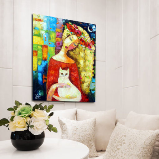 obraz malowany jasnowłosa i kot