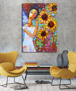 obraz ręcznie malowany kobieta i kwiaty