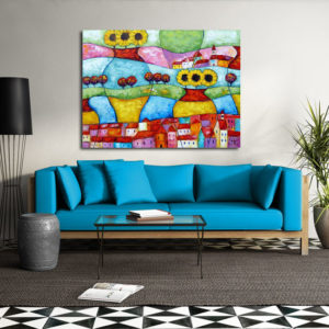 obraz na płótnie miasto i słoneczniki