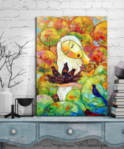 obraz malowany kobieta i ptaki