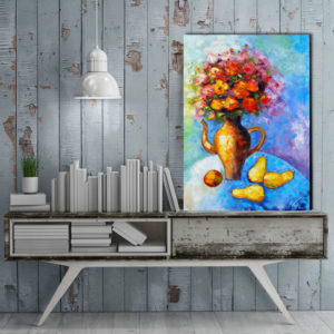 obraz olejny bukiet kwiatów i gruszki