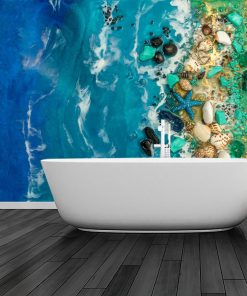 Fototapeta turkusowe morze z kamieniami inspiracja do łazienki
