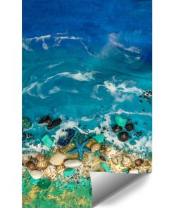 Fototapeta morze fale muszle kamyki niebiesko zielona
