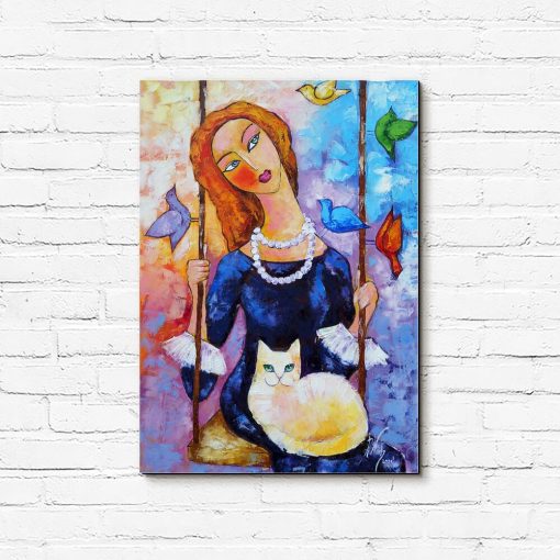Obraz z dziewczyną i kotem do dekoracji salonu