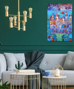 Niebieski obraz z zatopionym miastem