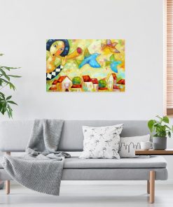 Obraz z chłopcem i ptakiem do dekoracji sypialni