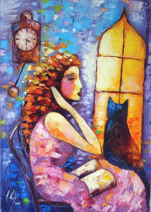 Obraz z dziewczyną i kotem pod zegarem
