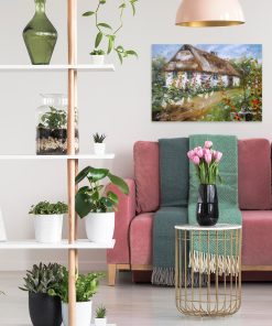 Reprodukcja obrazu z chatą i kurami