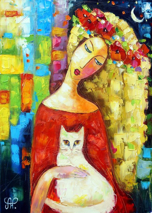 Obraz dziewczyna z kotem do dekoracji salonu