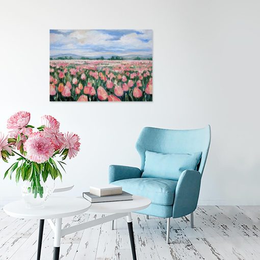Obraz z różowymi tulipanami na polu