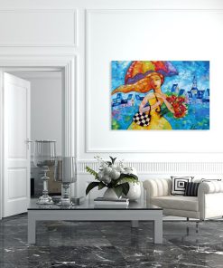 Obraz z dziewczyną i bukietem kwiatów do dekoracji poczekalni