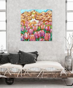 Obraz z kobietą i tulipanami do powieszenia w salonie