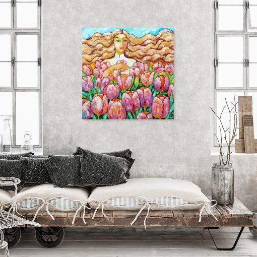 Obraz z kobietą i tulipanami do powieszenia w salonie