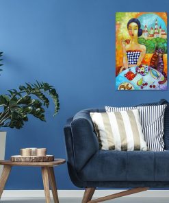 Obraz z kotem przy stole do powieszenia w salonie